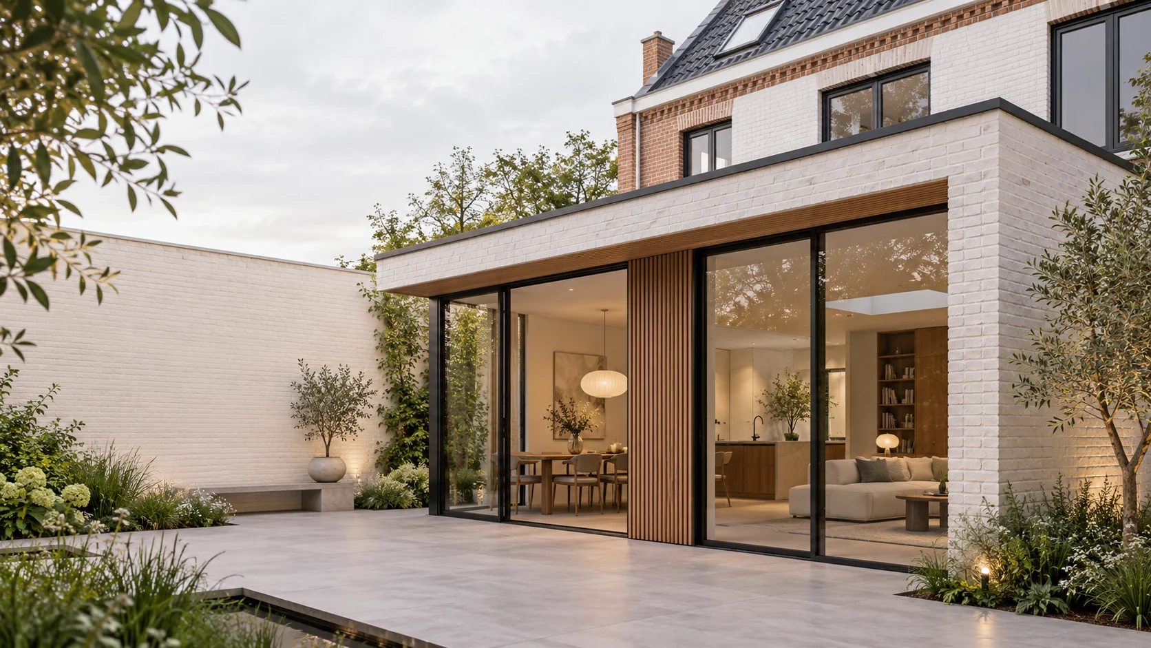 Conceptbeeld van een woning met een aanbouw