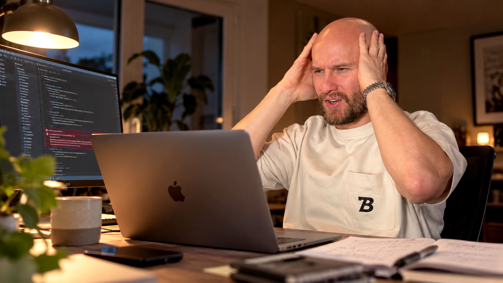Gefrustreerde ondernemer met de handen in het haar achter zijn laptop