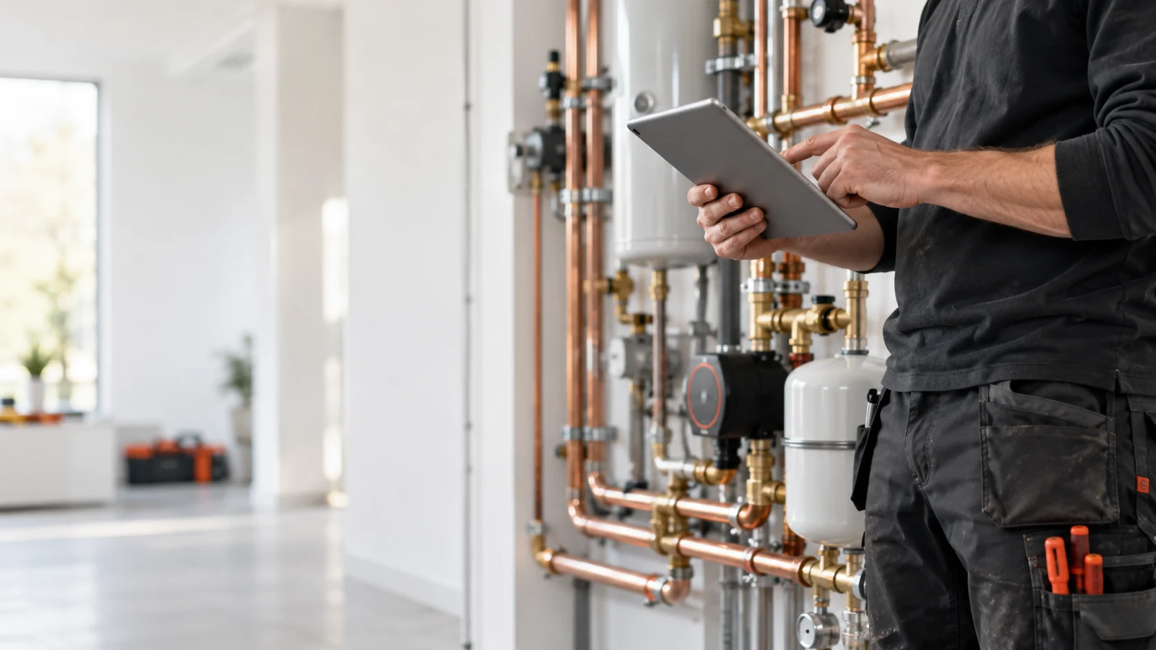 Sfeerbeeld van een installateur met een tablet in een werkplaats