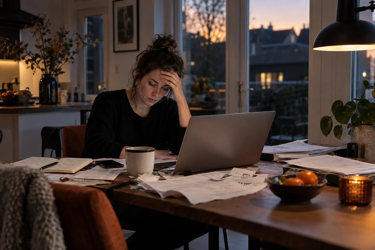 Ondernemer aan een bureau met laptop, telefoon en losse werknotities aan het einde van de dag